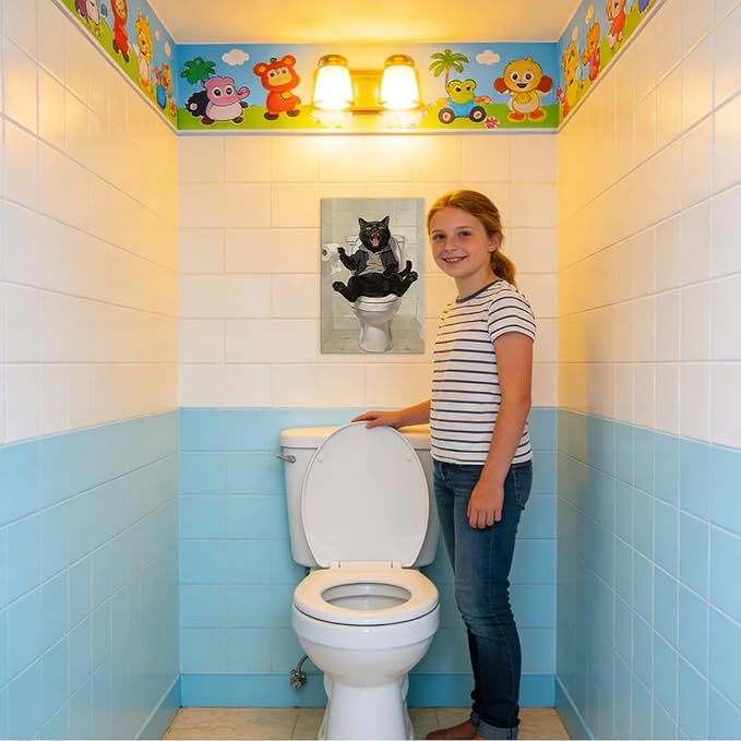 Framed Funny Black Cat Bathroom Decor Modern Bathroom Wall Art, Humor Black Cat Sitting on Toilet Cathching Toilet Paper Roll Wall Decor, Animals Posters Paintings Print Decoration 16x24 Inches