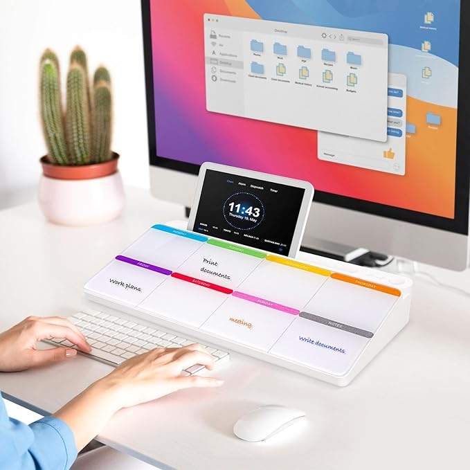 DOLLAR BOSS Glass Desk Whiteboard Calendar Small Dry Erase Board Desktop White Board with Storage Drawer Computer Keyboard Stand Desk Organizer, Colorful Weekly Calendar, White