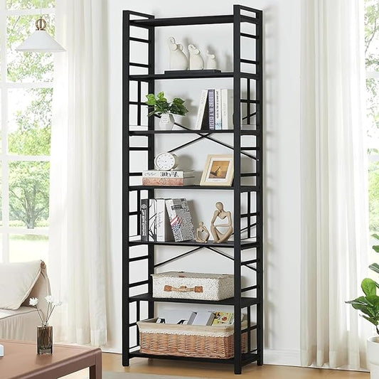 HOMBAZAAR 7 Tier Bookshelf,84 inch Tall Industrial Bookcase with Metal Frame and Open Shelves,Rustic Heavy Duty 7 Shelf Bookcase, Office Book Shelves for Living Room and Bedroom,Black