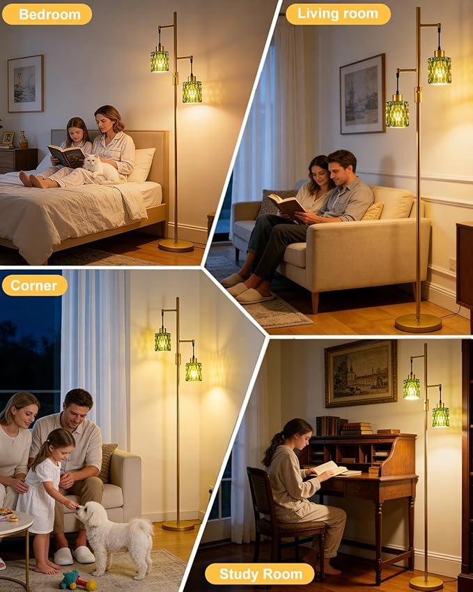 Lightdot 65IN Industrial Gold Floor Lamp for Living Room, 2- Light Green Glass Floor Lamps with 3000K Warm White Bulbs, Modern Farmhouse Tree Standing Tall Lamp for Bedroom Office Home Decor