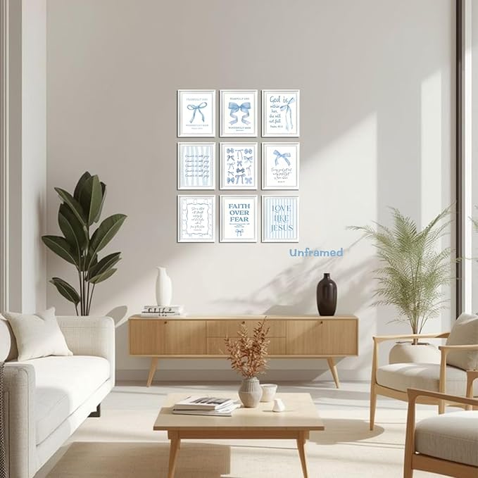 Blue Bows Jesus Bible Canvas Wall Art Set of 9, Coquette Trendy Preppy Aesthetic Girl Posters Prints Wall Decor, Christian scripture Lovers Gifts for Home Decor Living Room Bedroom 8x10In Unframed