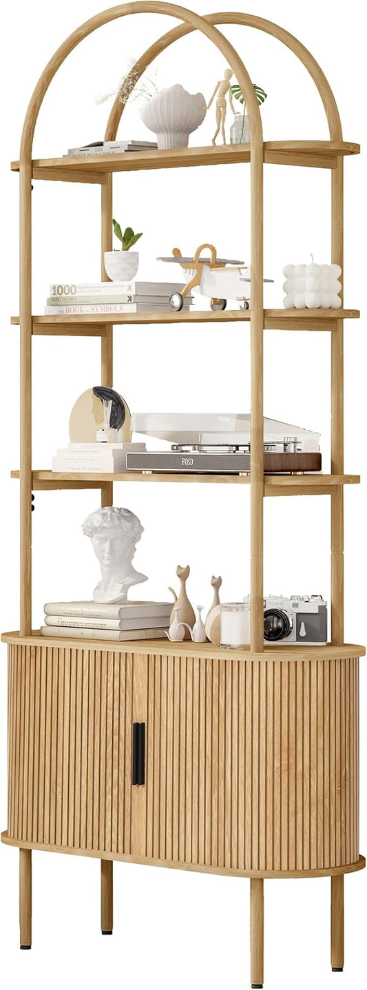 71" Tall Fluted Arched Bookshelf with Sliding Tambour Doors, Mid Century Modern Metal Curved Bookshelf Cabinet with Storage, 4-Tier Open Display Storage Shelf for Home Office, Living Room (Natural)