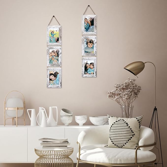 Lavezee 4x6 Collage Hanging Triple Picture Frames Set, 6 Opening Distressed White Vertical Frame Made to Display 4 by 6 Inch Photo Prints for Wall Decor