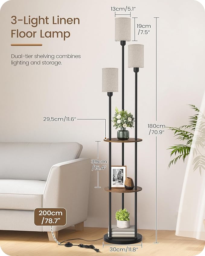 70.9" Floor Lamp with Shelves, Modern Floor Lamp with 3 Linen Shades and Foot Switch, 3-Light Standing Lamp, for Living Room, Bedroom, Study, Office, Rustic Brown and Beige EF53LD05