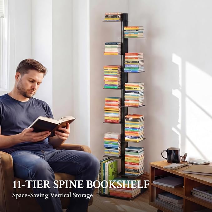 Suchtale 11-Tier Spine Bookshelf Tower,Tall Vertical Book Organizer,Metal Floor Standing Bookshelf for Small Spaces,Narrow Bookcase for Living Room,Bedroom & Office,Adjustable Shelf Directions,Black