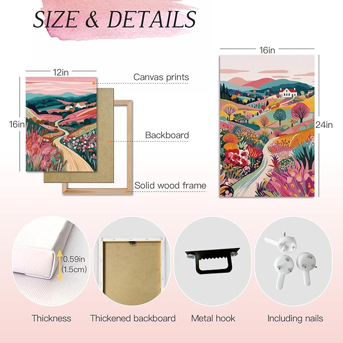 Hianan Framed Colorful Boho Landscape Wall Art, Nature Watercolor Floral Wall Decor, Bright Mountain Water Canvas Painting, Modern Sunsets Landscape Poster Prints For Living Room Bedroom 12"x16"x3