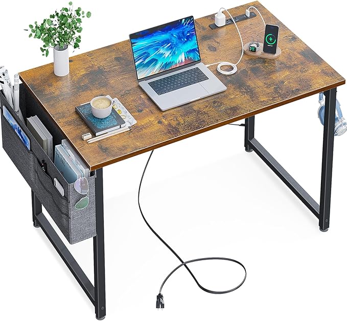 KKL Small Desk with Power Outlets and USB Port Computer Desk for Home Office Gaming Simple Modern Style Writing Desks with Storage Bag Headphone Hook, 32 inch, Rustic Brown