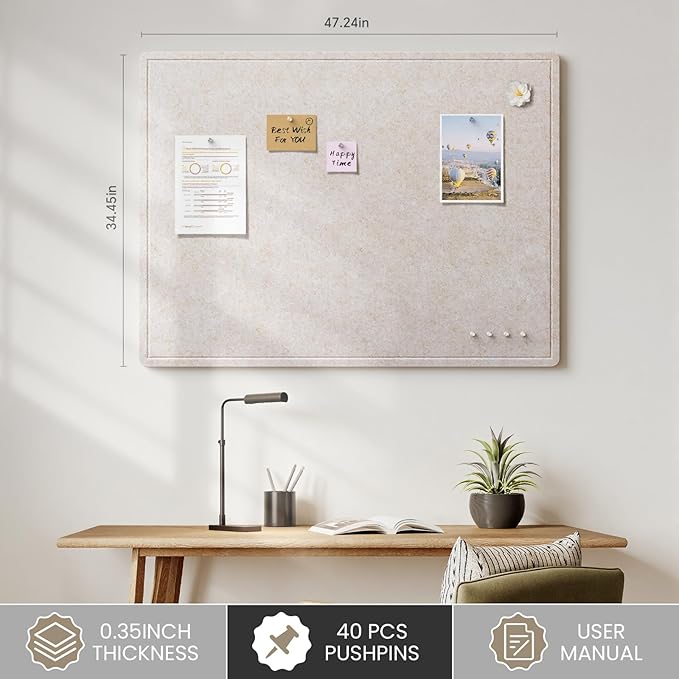 Bulletin Board, 48 X 35 inches Decorative Felt Cork Board Alternative with Pushpins, Foldable Felt Notice Pin Board Photo Display Board for Office Home School Wall