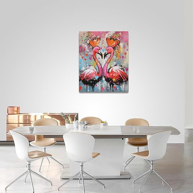 yerretin Flamingo Wall Art Banksy Graffiti Pictures Wall Decor Pink Canvas Painting Modern Home Decoration Artwork for Bathroom Bedroom Living Room Office Framed 16"x20"