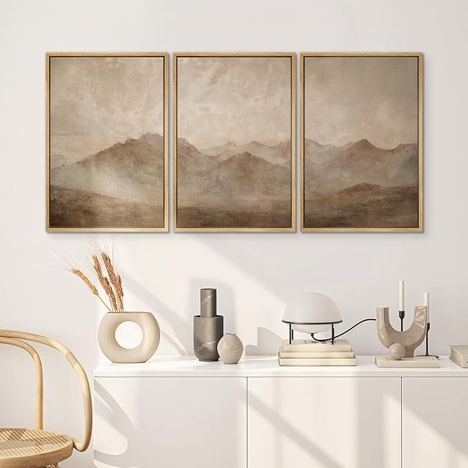 SIGNWIN Framed Canvas Print Wall Art Set Minimal Mountain Landscape Neutral Illustrations Modern Art Decorative Boho Relax/Zen Nordic for Living Room, Bedroom, Office - 16"x24"x3 Natural