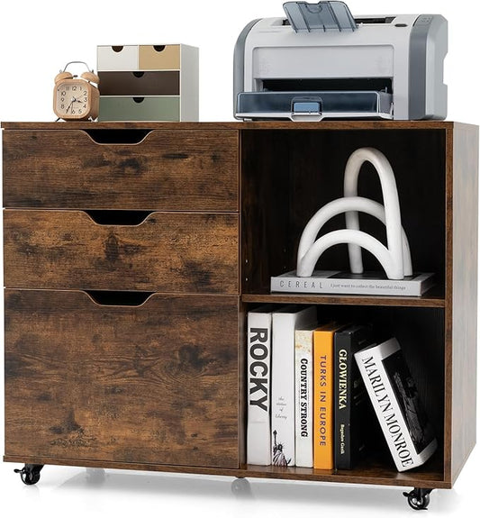 Giantex 3 Drawer File Cabinet, Office Storage Cabinet Fits Files Letter, A4, Legal Size, Rolling Printer Stand with Adjustable Shelf, Office Organization and Storage, Lateral Filing Cabinet (Brown)
