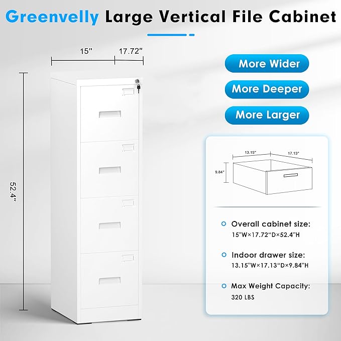 Pataku 4 Drawer File Cabinet with Lock, Sturdy Metal Vertical Filing Cabinets for Home Office, Under Desk Paperwork Storage Fully Extendable Slides Letter Legal A4 Size 18x15x52 Inches, White