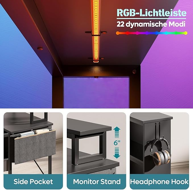 Bestier Small L Shaped Desk with LED Lights, 42 Reversible Computer Desk with Open Storage Cabinet & Monitor Stand, Corner Desk with Side Storage Bag for Home Office Bedroom, Black