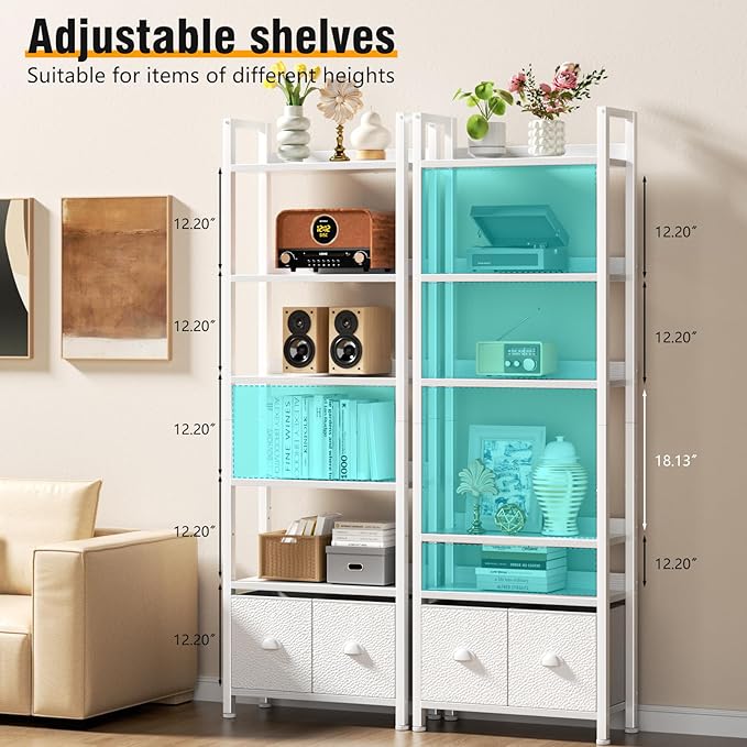 Furologee White 6 Tier Bookshelf with Drawers, Tall 71" Bookcase with Shelves, Modern Wood and Metal Bookshelves Storage Organizer, Display Free Standing Shelf Unit for Bedroom, Living Room, Office