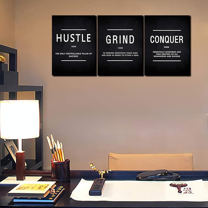 KAWAHONE Grind Hustle Conquer Success Wall Art, Motivation Canvas Wall Decor Framed Inspirational Painting Quotes Positive Poster Wall Hanging Picture for Home Office Workplace - 12" Wx16 Hx3piece