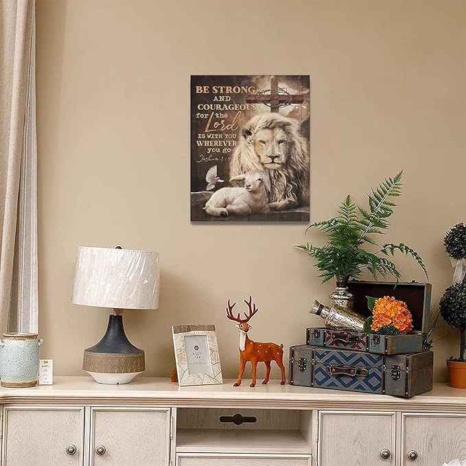 yerretin Lion Of Judah Wall Art Christian Bible Verses Pictures Wall Decor Religious Lamb Lion Canvas Painting Modern Home Artwork for Bathroom Bedroom Office Living Room Framed 16"x20"