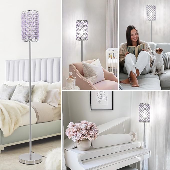 Floor Lamp for Bedroom, Lavender Crystal Floor Lamp with Glam Shade, Elegant Standing Lamp with On/Off Foot Switch & Silver Base, Corner Pole Lamp for Girls Bedroom, Living Room, Office (E26 Base)