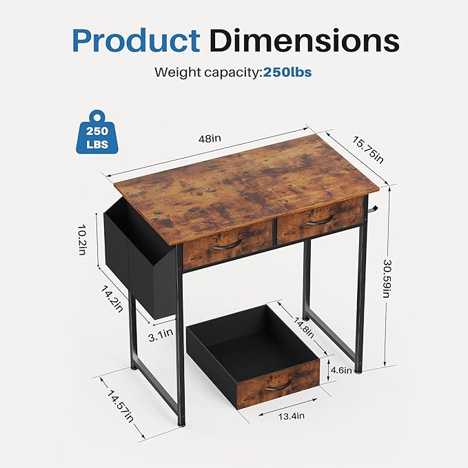 OLIXIS 32Inch Small Desk with Fabric Drawers for Home Office, Gaming Computer Desk with Side Bag, Headphone Hook Writing Study Work Table for Bedroom Small Sapce, Chic Brown