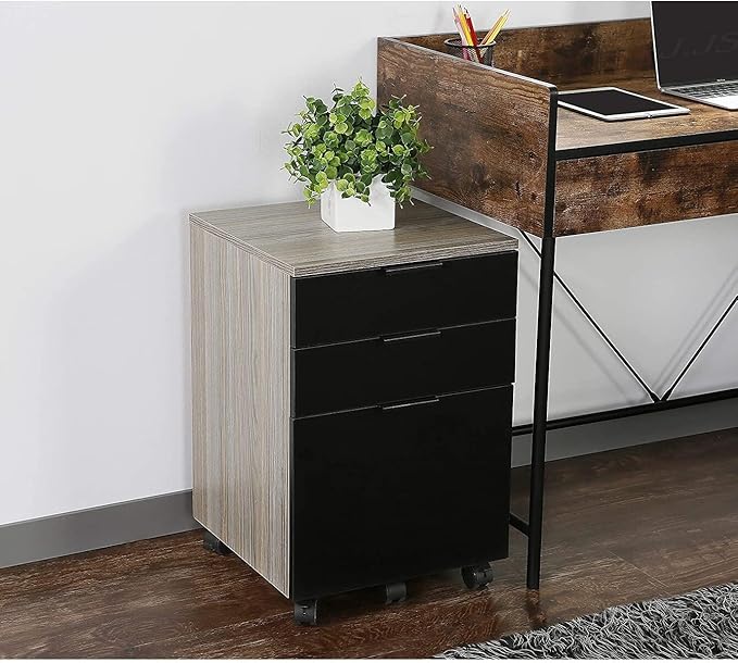 JJS 3 Drawer Rolling Wood File Cabinet with Locking Wheels, Home Office Portable Vertical Mobile Wooden Storage Filing Cabinet for Letter Size，Brown Drawer