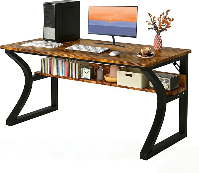 Computer Desk, 55Inch Computer Desk w/Storage Shelves, Home Office Desks w/U Shaped Metal Frame, Study Writing Desk w/Cable Management, Deeper & Thicker Desktop Table for Home Office