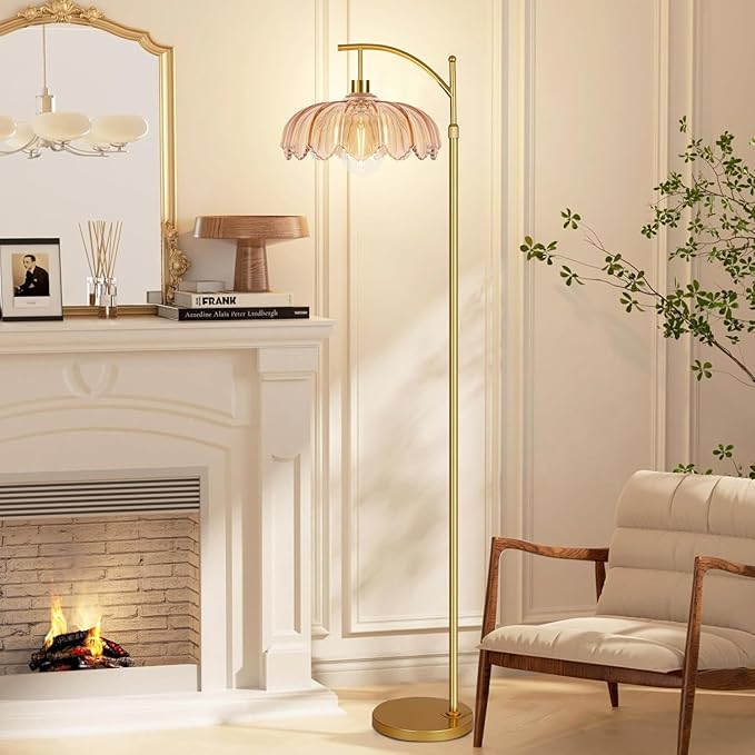 Gold Arc Floor Lamp for Living Room Bedroom,Adjustable Unique Modern Floor Lamps with Remote,Vintage Glass Standing Lamp with Dimmable Bulb,Bright Flower Brass Tall Lamp for Corner Office
