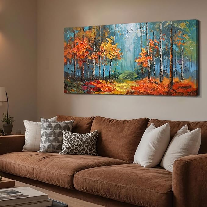 Arjun Nature Wall Art for Living Room, Landcape Canvas Forest Painting for Bedroom, Framed Textured Reddish Artwork Extra Large Picture Dining Room Kitchen Home Office Wall Decor 58"x29"