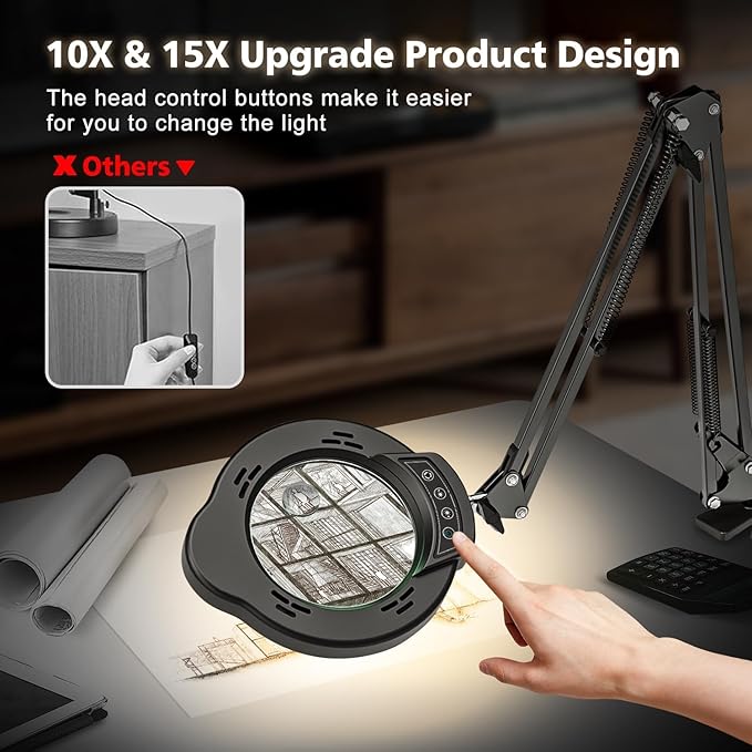 Magnifying Glass with Light and Clamp, 15X 10X Desk Magnifying Lamp, 84 LED Real Glass Lens Magnifier, 5 Color Modes Stepless Dimmable, Adjustable Hands Free Table Lamp for Repair Crafts Hobby Sewing