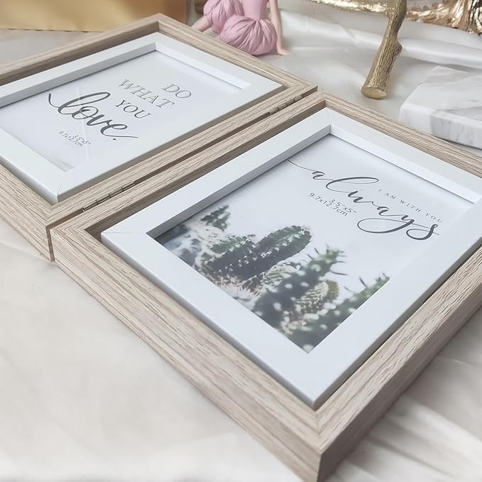 Wooden Hinged Double floating rotating Picture Frame for Photos, 4 * 6 5 * 7 vertical photo Natural Finish (wood color, 4 * 6in)