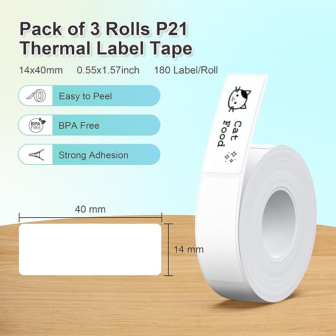 Nelko Green Label Maker Machine with Tape, P21 Label Printer, Adapted Label Print Paper, 14x40mm (0.55"x1.57"), Standard Laminated Office Labeling Tape Replacement, 180 Tapes/Roll, 3 Rolls, White