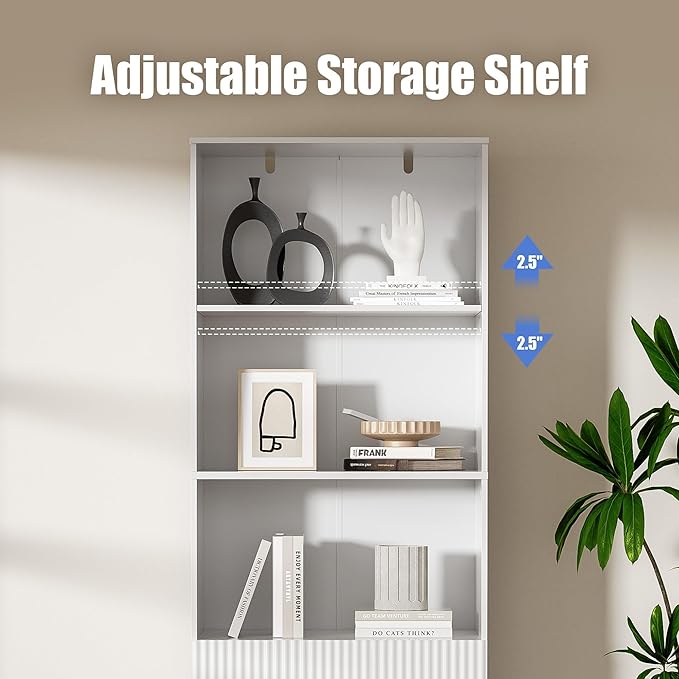 White Bookshelf with Fluted Drawers, 63" Tall Modern Bookshelf with Storage, 3 Tier Bookshelf with Adjustable Shelf, Open Shelves Bookcase, Unique Book Shelf for Home Office, White
