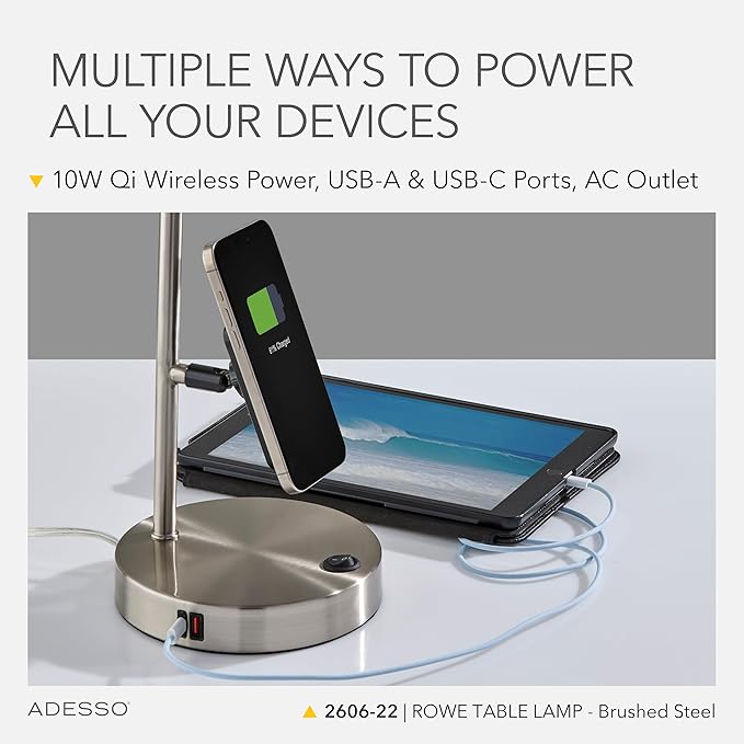 Adesso Supercharger Lamp with USB-A, USB-C, AC Outlet & Wireless Charging Pad – Brushed Steel Desk Lamp with Adjustable Shade and Power Station Base for Home, Office, or Dorm