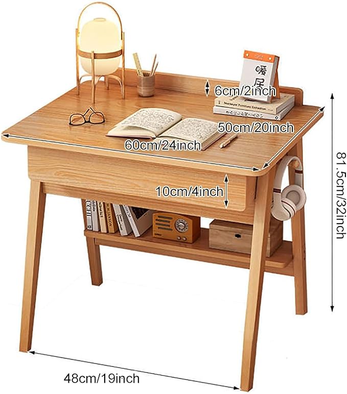 Home Office Writing Desk with Drawers, Modern Wood Table with Storage Shelves & Hooks, Computer Workstation Study Desk Writing Table Simple Zero Assembly Without Chair(24inch/60cm, Natural)