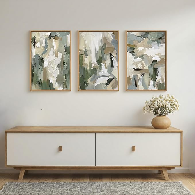 Large Abstract Green Beige Framed Canvas Wall Art Set,Neutral Brush Stroke Watercolor Wall Painting,Modern Minimalist Artwork for Living Room,Bedroom,Dining Room,Office -16"x24"x3