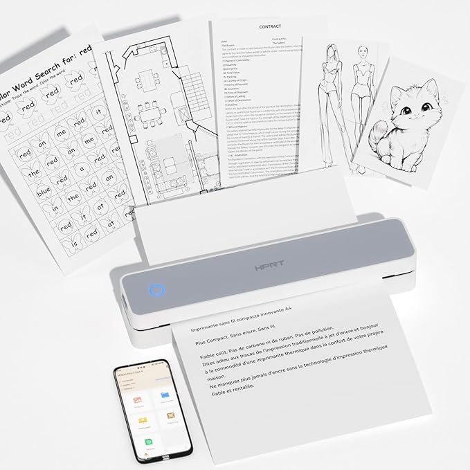 HPRT Portable Printer Wireless for Travel, Bluethooth Inkless Thermal Printer Support for 8.5"x11" US Letter, Compatible with iOS, Android, Laptop for Office and Home, White-Grey