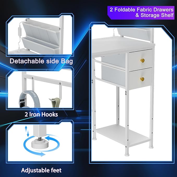 33.7" Computer Desk with Power Outlets, LED Lights & 2 Drawers, Small Office Desk with Storage Bag & Hooks, Gaming Desk for Bedrooms or Home Office, Compact Study Desk for Small Spaces，White