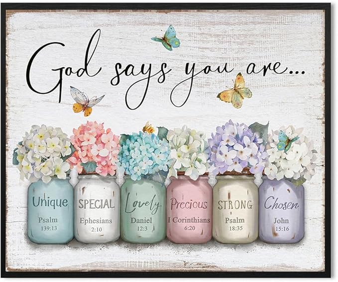 God Says You Are Wall Art: Christian Inspirational Bible Verse Wall Art Religious Scripture Encouragement Gifts for Women,Hydrangea in Mason Jar Prints Butterfly Posters Bedroom Decor 12" x 15"