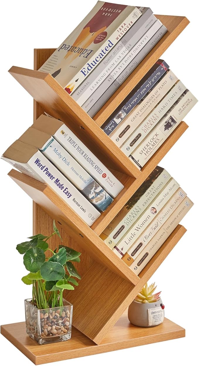 YMYNY 4 Tier Tree Bookshelf, Small Bookcase, Modern Wood Book Storage Rack, Freestanding Book Shelf for Books/Movies/CDs, Narrow Display Rack for Living Room, Home Office, Natural UHBC014N