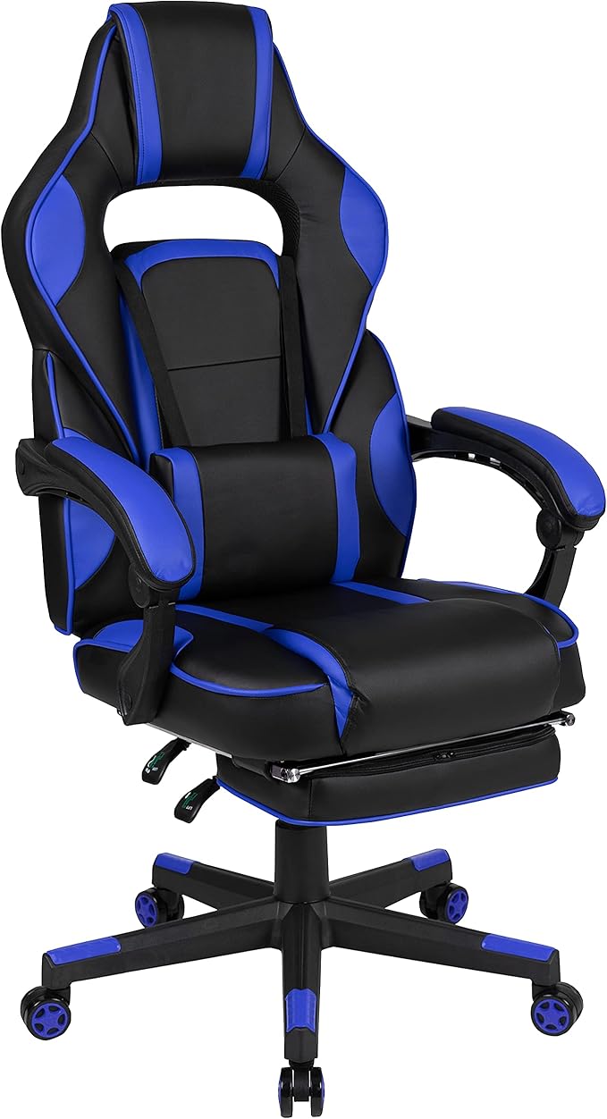 Flash Furniture X40 Gaming Chair Racing Ergonomic Computer Chair with Fully Reclining Back/Arms, Slide-Out Footrest, Massaging Lumbar - Black/Blue