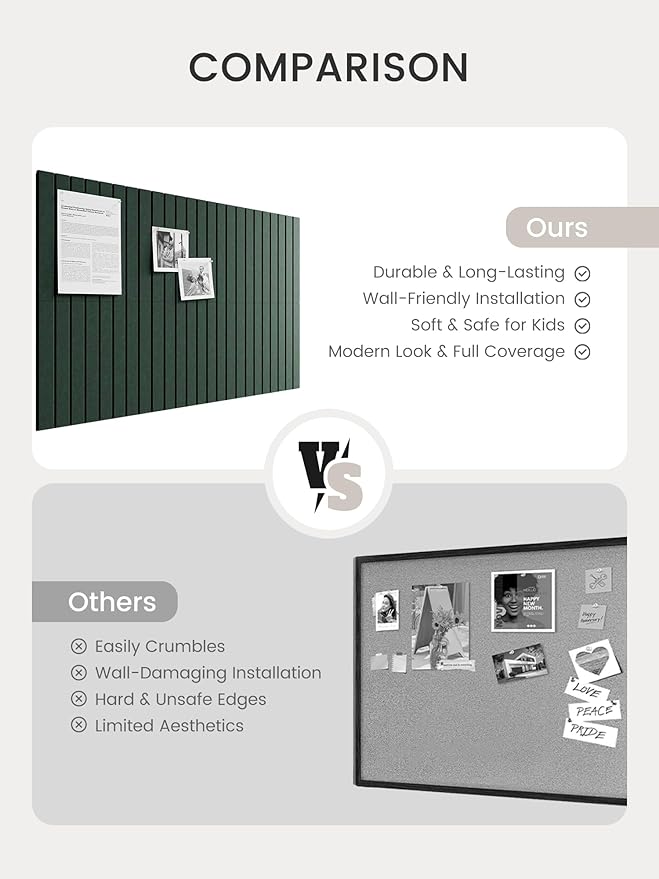 Bumusty Large Cork Board Alternative-36 x 24" Felt Bulletin Board Tiles, with 30 Pushpins, 40 Adhesive Tabs, 6-Pack Slat Wall Paneling, Cork Boards for Office Push Pin Board Felt Board-Pine Green