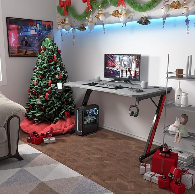 Homall Gaming Computer Desk with Carbon Fiber Surface, Gaming Table Z Shaped Pc Home Office with Cup Holder&Headphone Hook(44 in, Grey)