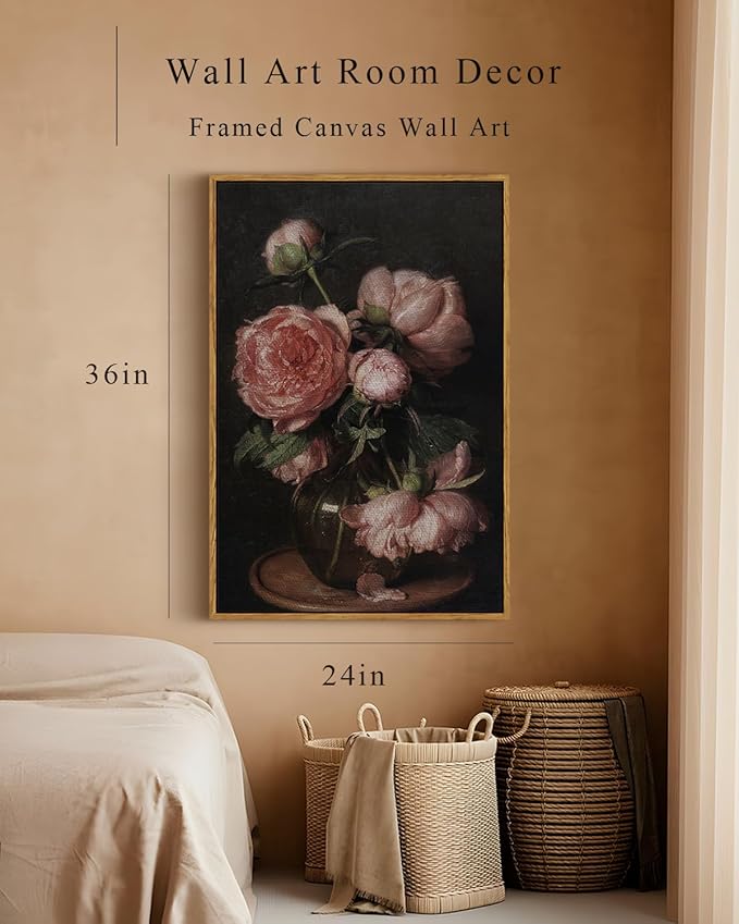 InSimSea Framed Canvas Prints Art Vintage Decor, Botanical Canvas Wall Art Decor for Bedroom, Framed Floral Prints for Living Room, French Country Wall Decoration, 24"x36"