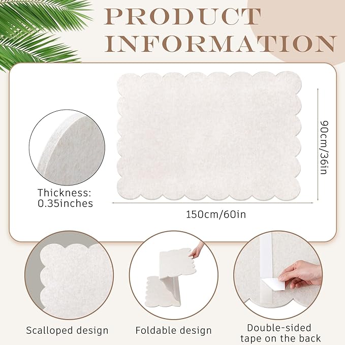 Scalloped Felt Bulletin Board 60 x 36 Inches Foldable Beige Pin Cork Board Alternative for Wall, 5' x 3' Trifold Picture Vision Self Adhesive Bulletin Decorative