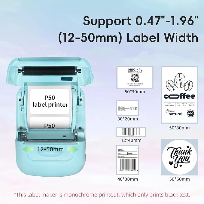 2 Inch Label Maker, P50 Mini Sticker Labels Printer Machine with Tape, Bluetooth Portable Thermal Printer for Home Use, Small Business, Office, Clothing/Gift/Jewelry Tags, Wireless, Blue
