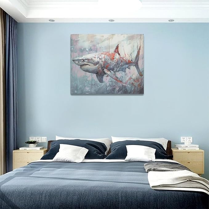 yerretin Ocean Shark Wall Art Nautical Shark Pictures Wall Decor Beach Coastal Undersea Canvas Painting Modern Artwork Home Decorations for Bathroom Bedroom Living Room Office Framed 20"x16"