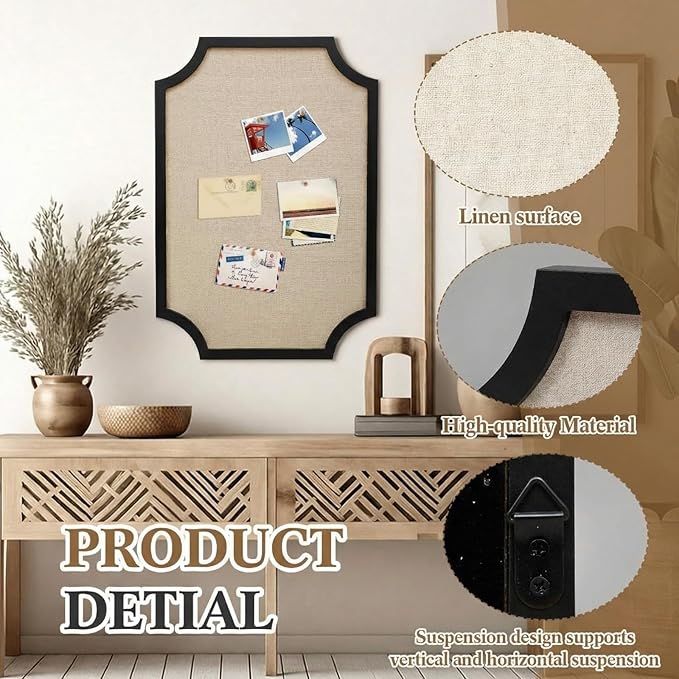 Vintage Framed Pin Board Linen Display Bulletin Board Large Cork Fabric Picture Photo Pinboard Memo Ornate Decorative Pinboard Ornate for Wall Gift(Scalloped,24" X 36",Black)