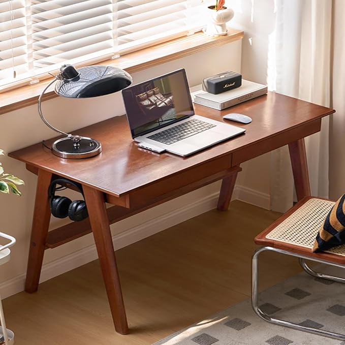 100% Solid Rubber Wood Desk Home Office Desk Mid Century Modern Writing Computer Desk with Drawer for Home Office 47"