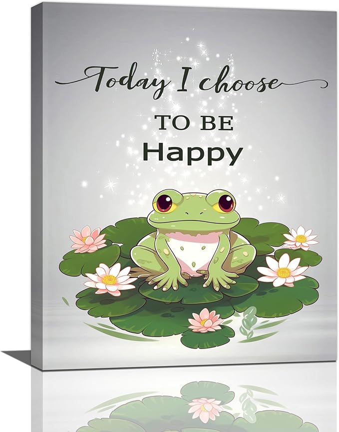 yerretin Frog Wall Art Funny Frog Lotus Pictures Wall Decor Flower Canvas Painting Modern Artwork Home Decorations for Bathroom Living Room Bedroom Office Framed 16"x20"
