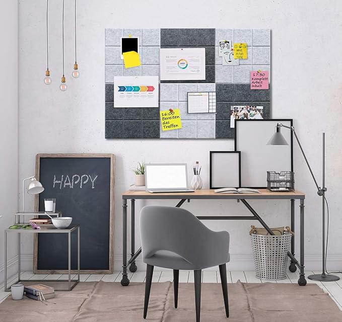 Large Felt Board Tiles for Wall with Pack of 6 Pin Board Notice Boards for Home Office Kitchen, Bulletin Board Wall Tiles for Photos Memos (Drak Grey+Light Grey, 6 Pack)