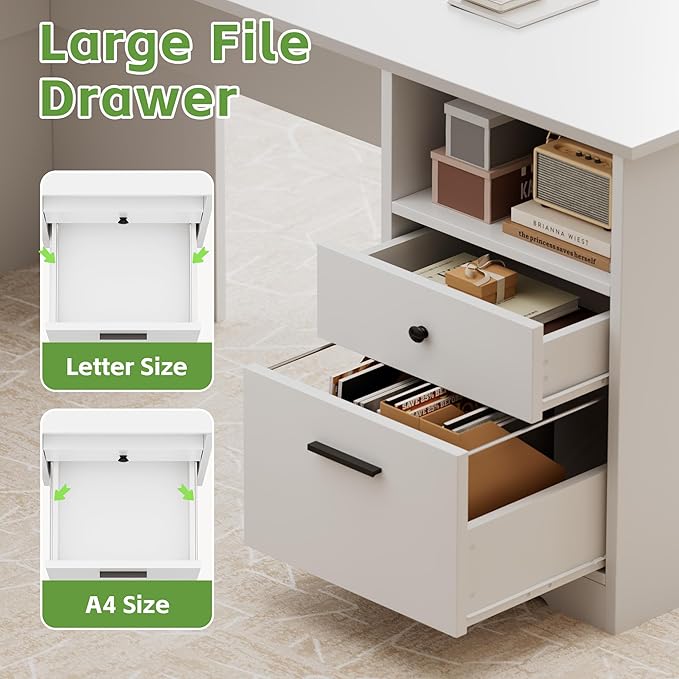 MU L Shaped Desk with File Drawer, 60 Inch Corner Desk with Storage Drawers & Cabinet, Large Home Office Table with Power Outlets, Wood Executive Office Desk, White