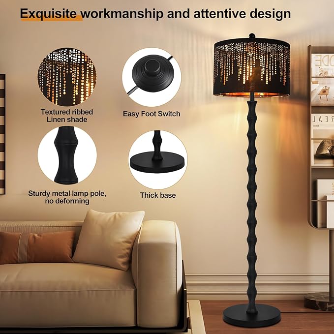 Vintage Floor Lamp for Living Room Bedroom,Farmhouse Rustic Floor Lamps,Modern Standing Tall Lamp with Black Unique Lampshade,Gothic Mid Century Iron Floor Lamp for Office Corner Decor